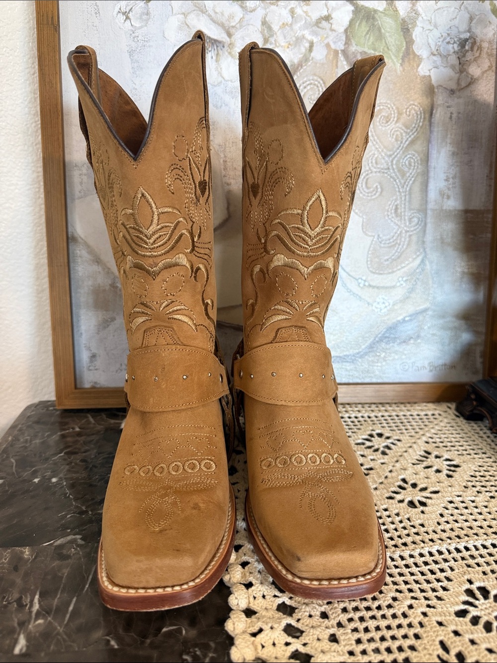 Women's Tan Suede Embroidered Western Heeled Boots